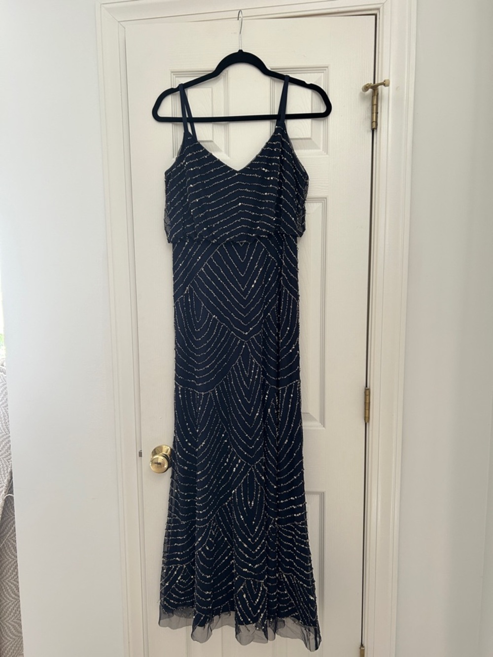 Adrianna Papell Navy Beaded Maxi Dress with V-Neck 8P